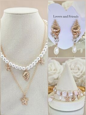 BUNDLE Lovers + Friends Gold Tone Faux Pearl Seashell Earrings Necklace Bracelet